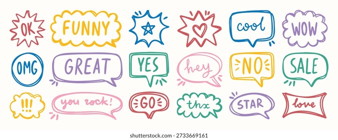 Burbujas de discurso dibujadas a mano brillante con mensajes cortos de diversión, Elementos decorativos para el diseño. Ilustración vectorial
