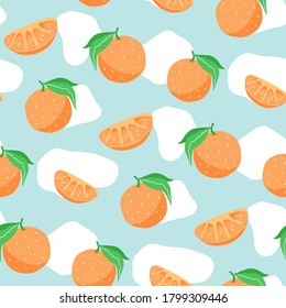 Bright hand drawn tangerines pattern. Vector citrus illustration isolated on blue. Oranges or tangerines with leaves.