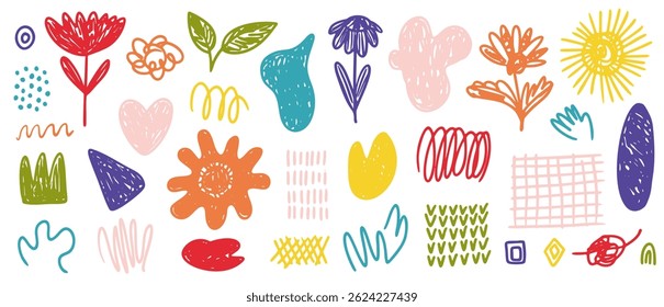 Bright hand drawn textured set of colorful playful vector abstract flowers and freehand shapes. Childish kids drawing grunge flower, heart, swirl, brush strokes for pattern design, greeting cards