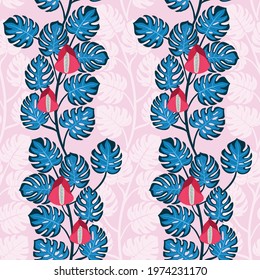 bright hand drawn tropical seamless pattern with vertical lines of monstera plant with blue and pink leaves and flowers