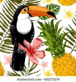 Bright hand drawn tropical seamless pattern.