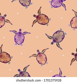 Bright hand drawn turtles with light dots on calm pink-orange background. Seamless animal cartoon pattern. Suitable for textile.