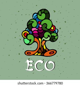 Bright hand drawn typographic poster with doodles elements like a tree on the theme of environmental ecology.