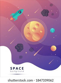 
bright hand drawn vector illustration with a rocket flying in space