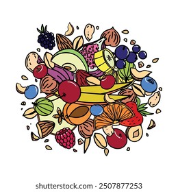 Ilustración vectorial dibujada a mano brillante mezcla colorida de frutas, bayas, semillas y nueces en el estilo doodle sobre un fondo blanco