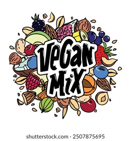 Bright hand drawn vector logo Vegan mix with colorful mix of nuts, fruits and berries in the doodle style on a white background