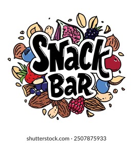 Bright hand drawn vector logo Snack Bar with colorful mix of nuts, fruits and berries in the doodle style on a white background