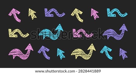 Bright hand drawn wavy chalk arrows and cursor pointers on black background for smm story decoration.