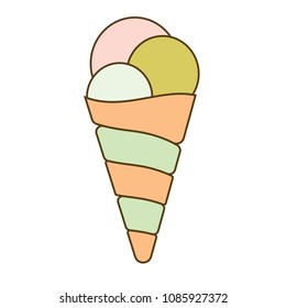 Bright hand drown ice cream cone element. Vector ice cream horn symbols isolated on white backdrop.  Waffle dessert icon ornament in pink, orange and green colors for fashion illustration print.