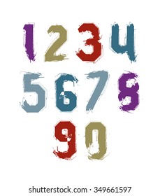 Bright hand painted daub numbers drawn with real ink brush, collection of acrylic realistic digits with brushstrokes.
