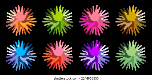 Bright hand round insignia set. Hand print bright circle icons. Handprint colorful emblems. Vector logo. 