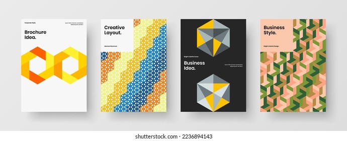 Bright handbill vector design concept composition. Multicolored mosaic hexagons company cover layout collection.