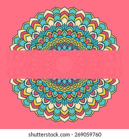 bright hand-drawing ornamental abstract lace round with many details isolated on red background for use in design for card, invitation or banner cover