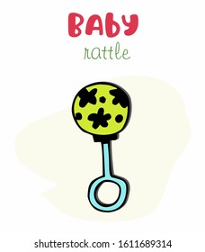 Bright, hand-drawn baby rattle isolated on a white background, vector illustration. Doodle style. Round toy with a holder. For printing on children's clothing, postcards.