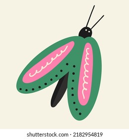 Bright hand-drawn butterfly, moth. Insect with beautiful wings, fauna, tropical insect. Flat design, cartoon.