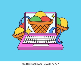 Bright hand-drawn cartoon laptop bursting with colorful ice cream cones, representing online ordering and fun food themes