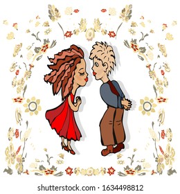 bright hand-drawn character in cartoon style. couple boy and girl cuddling.  white background. frame of many colorful flowers 