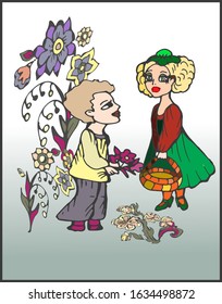bright hand-drawn character in cartoon style. couple boy and girl cuddling on the gradient background of a large beautiful colorful flower