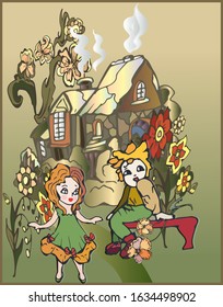bright hand-drawn character in cartoon style. couple boy and girl cuddling on the gradient background of the old house. a large beautiful colorful flower
