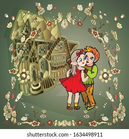 bright hand-drawn character in cartoon style. couple boy and girl cuddling on the green background of the old house. frame of many colorful flowers 