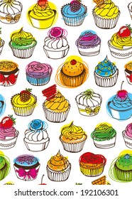 bright hand-drawn cupcakes seamless pattern