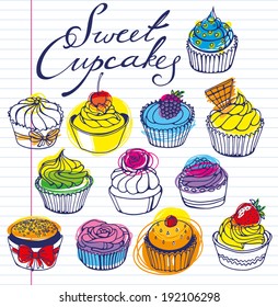 bright hand-drawn cupcakes set