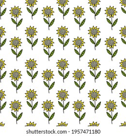 Bright handdrawn doodle sunflower seamless pattern. Vector illustration may be used for textile, wallpaper, fabric, wrapping paper, card, decoration.