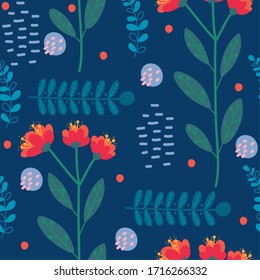 Bright hand-drawn flowers and leaves on a dark blue background, seamless pattern, perfect for decor, postcard, fabric or wrapping paper drawing