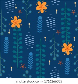 Bright hand-drawn flowers and leaves on a dark blue background, seamless pattern, perfect for decor, postcard, fabric or wrapping paper drawing