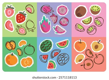 Bright hand-drawn fruit illustration set featuring strawberries, dragon fruits, kiwis, oranges, watermelons and peaches.