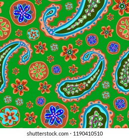 Bright hand-drawn ornament with unusual patterns in cartoon style.The pattern creates a vortex, depth. Modern style for textiles, printing.