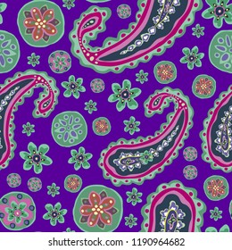 Bright hand-drawn ornament with unusual patterns in cartoon style.The pattern creates a vortex, depth. Modern style for textiles, printing.