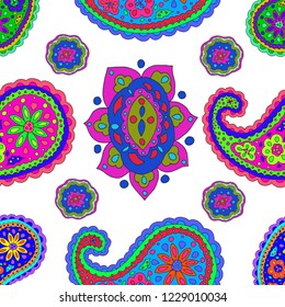 Bright hand-drawn ornament with unusual patterns in cartoon style.The pattern creates a vortex, depth. Modern style for textiles, printing.