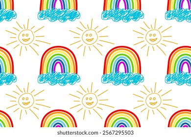 Bright hand-drawn rainbow and smiling sun pattern, vibrant colors on white, cheerful seamless design.