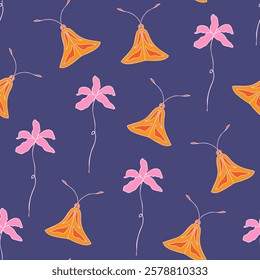 Bright hand-drawn seamless pattern with colorful moths and flowers on a dark blue background