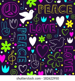 Bright hand-drawn seamless pattern with symbols of peace - doves, hearts, peace signs, flowers and lettering, - neon doodles on dark purple background