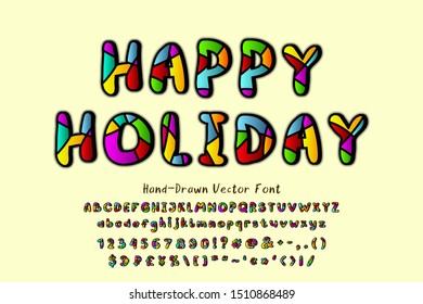 Bright hand-drawn vector font. Retro pop art typography. Uppercase English alphabet letters and numbers. Multicolor mosaic typeface for Happy holiday design