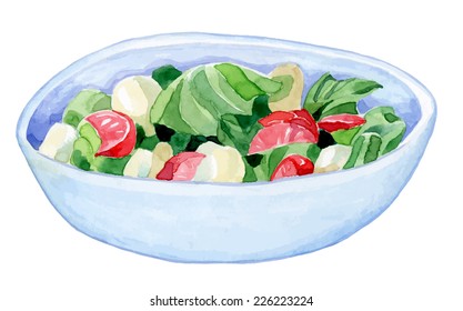 Bright Handmade Bowl With A Colorful Salad - Cucumber Tomato Salad Leaves - Healthy Food- Watercolor Vector Drawing