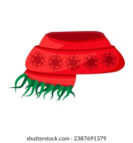 Bright handmade red knitted scarf with fringe and winter ornament. Festive, national, traditional cloth for cartoon vector illustration. Cap for selfie isolated on white