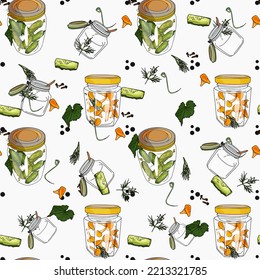 Helles, handgemachtes Set. Jar mit Gurken, Pilzen, Gewürzen, Grünen auf weißem Hintergrund. Vektormuster. Druck auf Textilien, Druck, auf Verpackungen, Vorbereitung für Designer