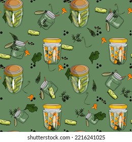 Bright handmade set. Jar with cucumbers, mushrooms, spices, greens on a green background. Vector pattern. Printing on textiles, printing, on packaging, preparation for designers
