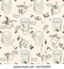 Luminoso conjunto hecho a mano. Jar con pepinos, setas, especias, verduras en un fondo verde. Patrón vectorial. Impresión sobre textiles, imprenta, sobre embalaje, preparación para diseñadores