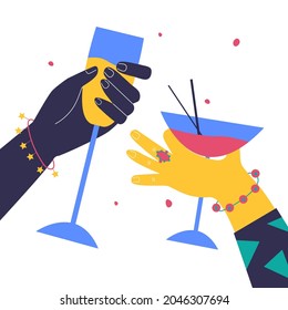 Bright hands with cocktails. Modern Art. Vector illustration in cartoon style.