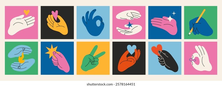 Bright Hands gestures set. Square colorful icons with Gesturing human arms showing peace and OK sign, hold Heart, pen, star and fire. Trendy modern vector illustration, hand drawn, flat design