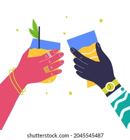 Bright hands are holding glasses of drinks. Glass of beer. Cocktail. Vector illustration in cartoon style.