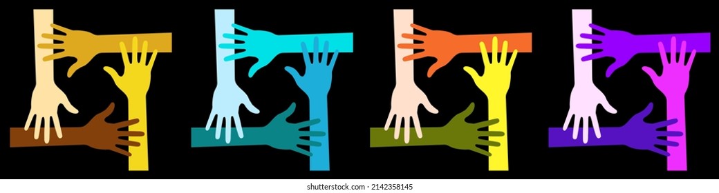 Bright Hands logo. Colorful four hands icon set. Volunteer emblem. Vector Illustration