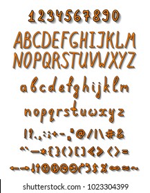 Bright handwritten font with a full set of capital and lowercase letters, numbers and punctuation marks, as well as additional elements depicted in orange with a black border