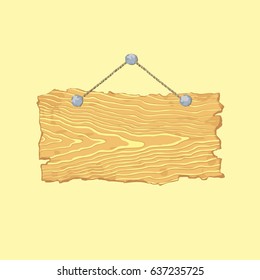 Bright hanging blank isolated old wooden sign.