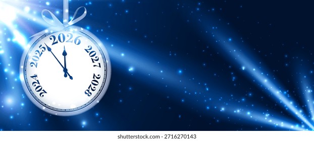 Reloj colgante brillante que brilla en luz azul, contando hasta 2026. Ilustración vectorial para las celebraciones del Año Nuevo.