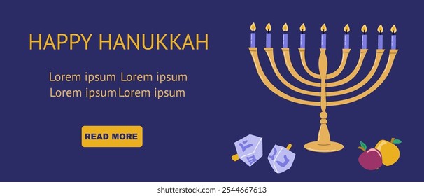 Brillante celebración de hanukkah con menorá, dreidels y frutas.